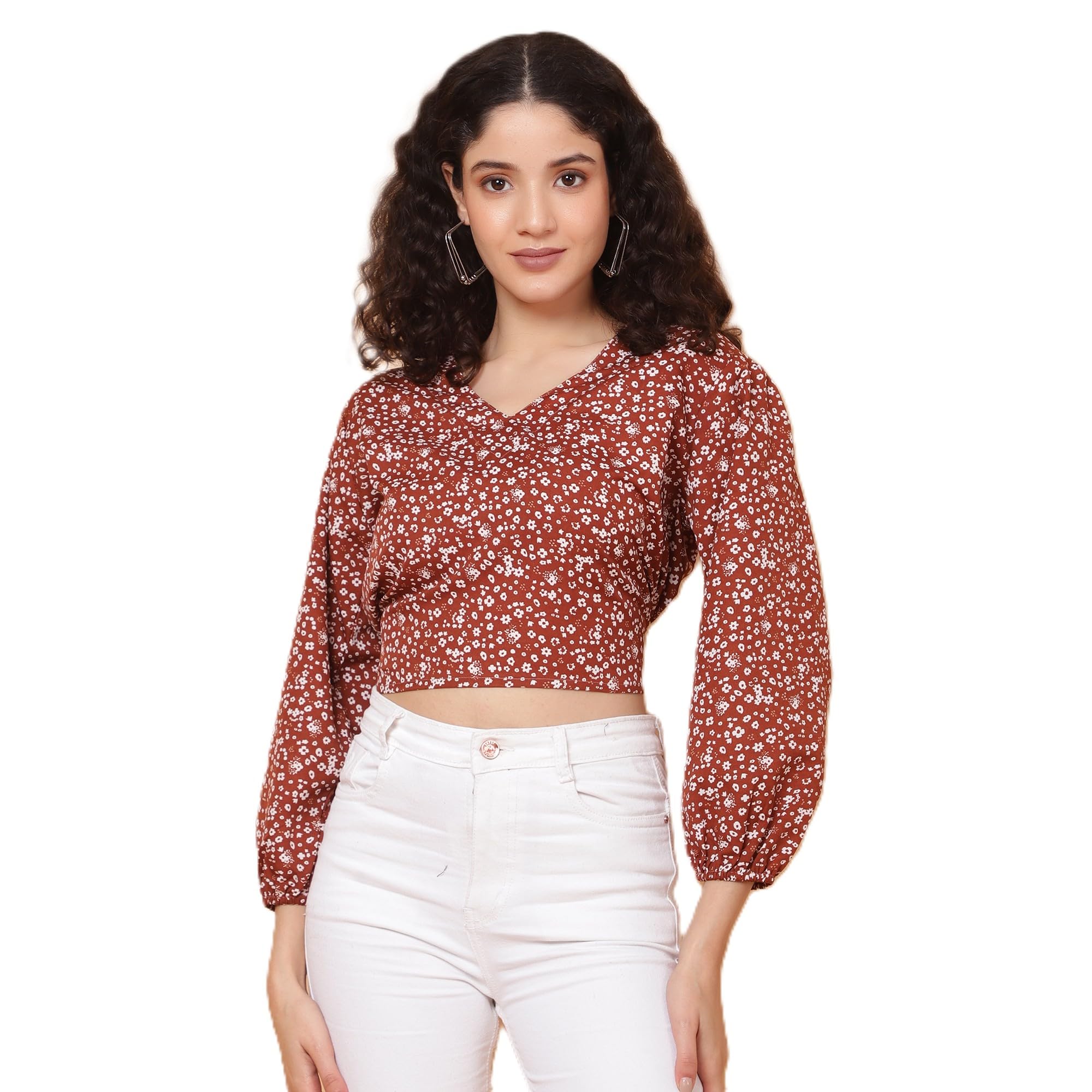 Buy Floral Print Crop Top, V-Neck, Long Balloon Sleeves, Rust